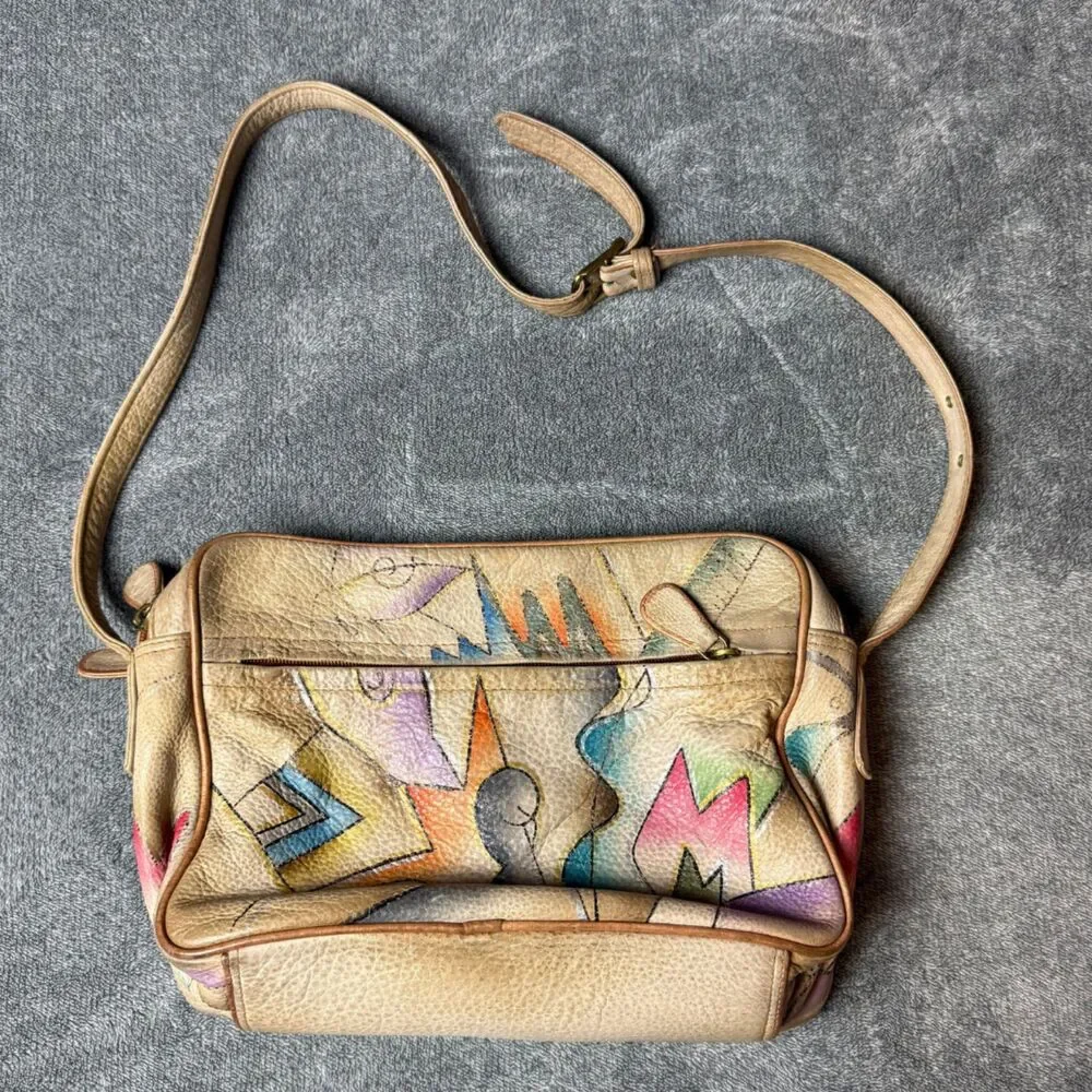 Magnifique Abstract Hand Painted Leather Crossbody Bag Beige Vintage Purse